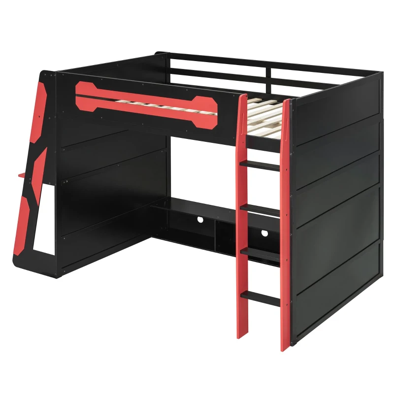 Full Size Wood Loft Bed with Multi-Tier Storage Shelves, Esports-Style Bed Frame with Integrated Side Desk, 93.5'' L x 55.5'' W x 65'' H, Red