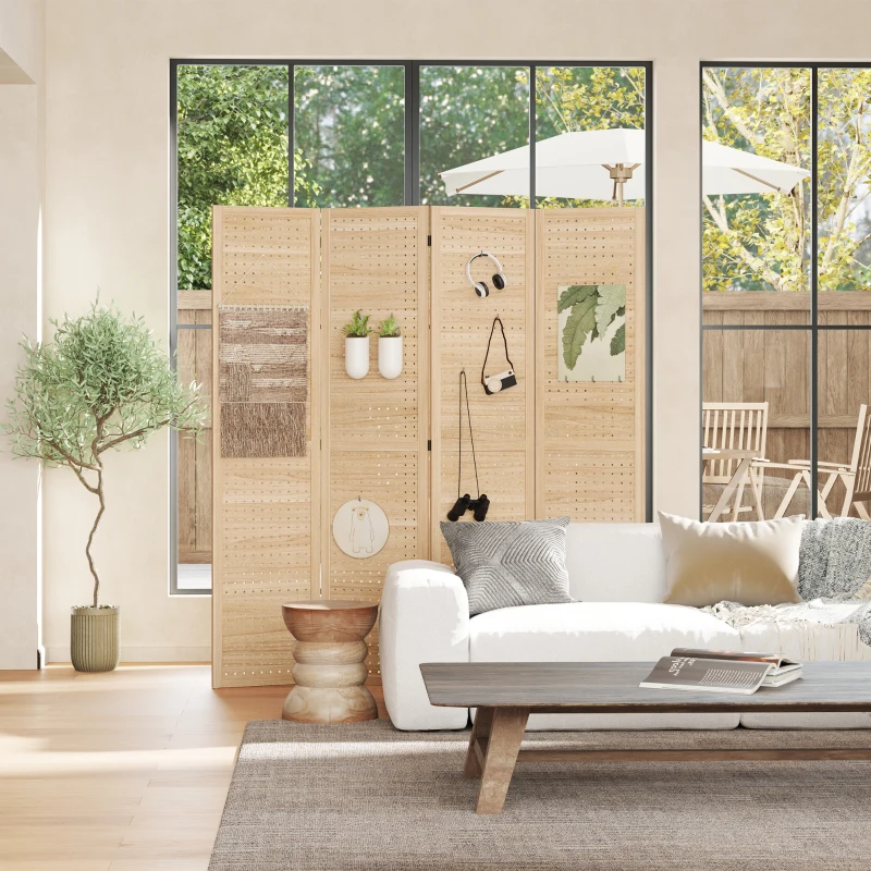 HOMCOM 4 Panel Room Divider w/ Hole Hooks Folding Privacy Screens, Natural