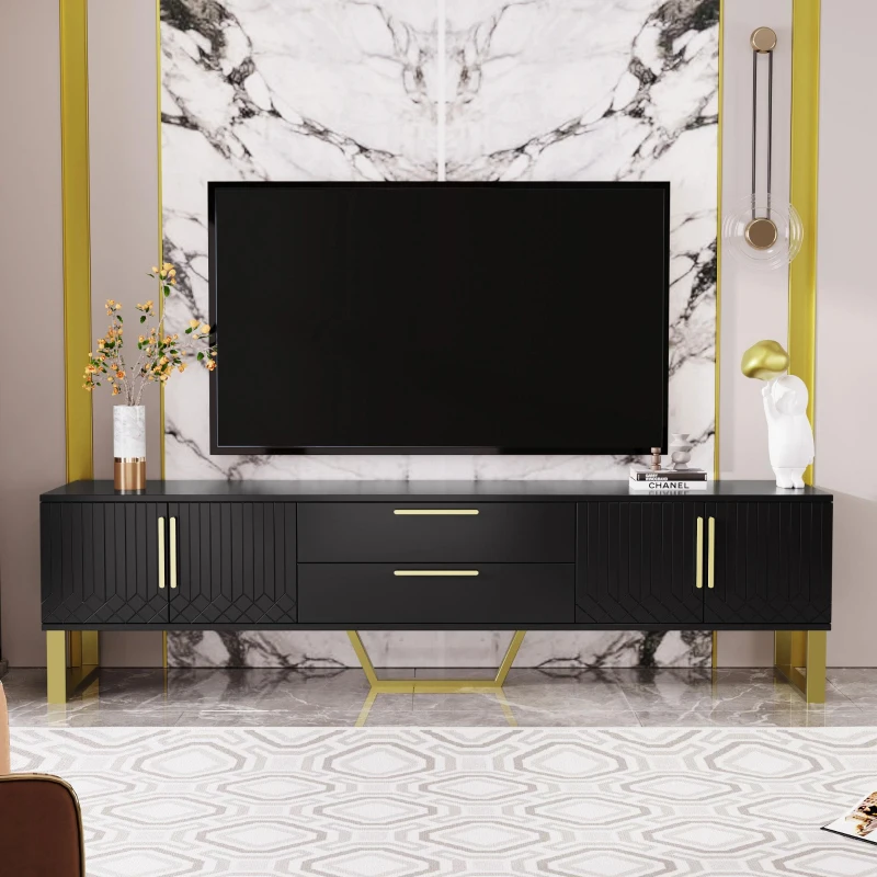 Modern TV Cabinet with Centre Drawers and Internal Shelves, Floor-Standing Console with Cable Management, 67'' L x 15.5'' W x 20.5'' H, Black