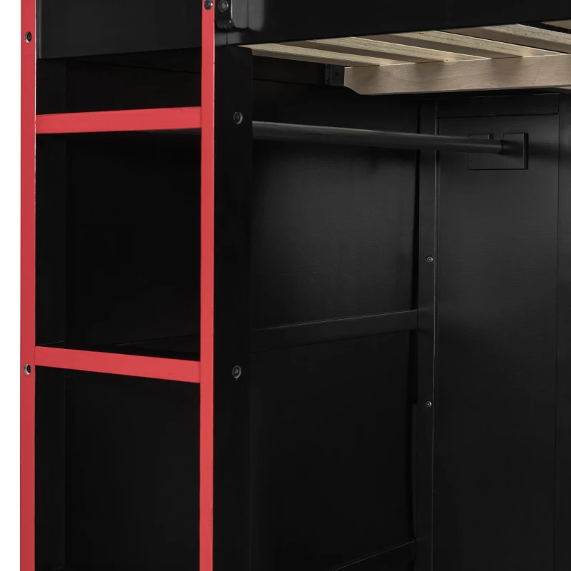 Full Size Wood Loft Bed with Built-In Desk and Gaming Station, Sturdy Bed Frame for Gamers and Multitaskers, 78.5'' L x 56.5'' W x 65'' H, Red