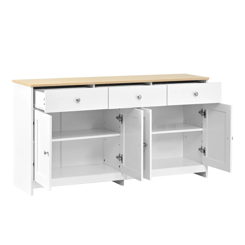 Modern Sideboard Buffet Cabinet with 3 Drawers and 4 Doors, Rustic Storage with Adjustable Shelves, 55'' L x 14.5'' W x 29.5'' H, White+Wood