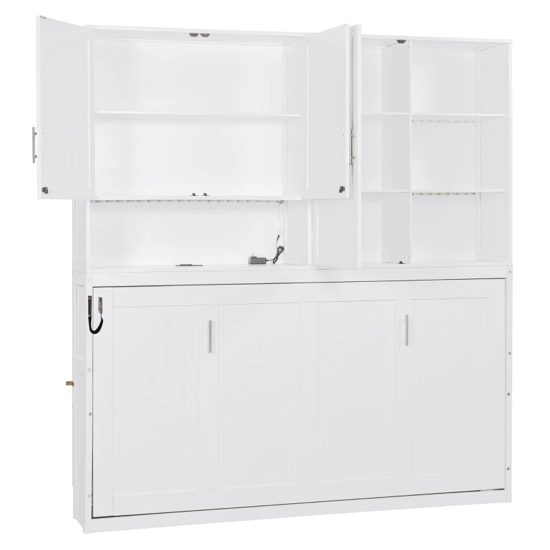 Twin Size Wall Murphy Bed with Built-in Light and Dual-Piston Lift, Space-Saving Foldable Bed with Top Cabinet, 83'' L x 15.5'' W x 90.5'' H, White