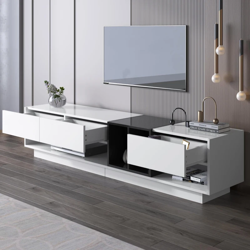 Modern TV Cabinet with 3 Drawers & 2 Open Compartments, Sturdy TV Stand for Contemporary Homes, 75'' L x 15.5'' W x 16.5'' H, Black+White