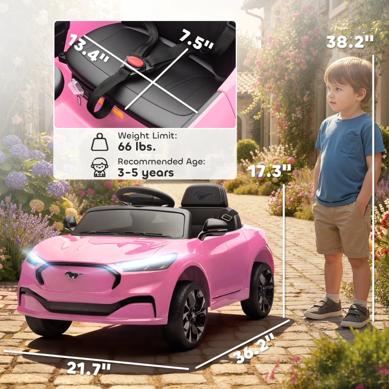Qaba 12V Kids Ride On Car, Licensed Ford Mustang Mach-E Electric Car with Remote Control, LED Light, Music, Pink