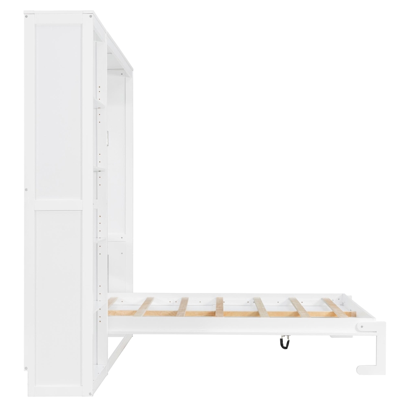 Queen Size Murphy Wall Bed with Reversible Shelf and Flexible Slat, Fold-Away Cabinet with 5-Tier Storage, 94'' L x 82'' W x 88.5'' H, White