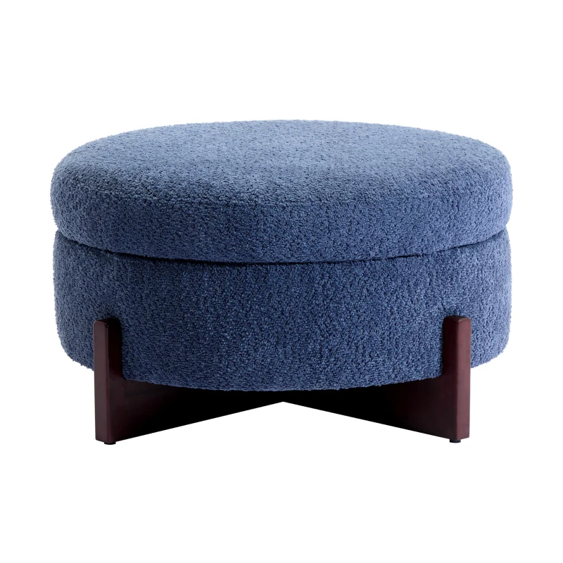 Round Tufted Ottoman with Upholstered Top and Solid Wood Legs, Versatile Coffee Table with Hidden Storage, 32'' L x 32'' W x 18'' H, Blue