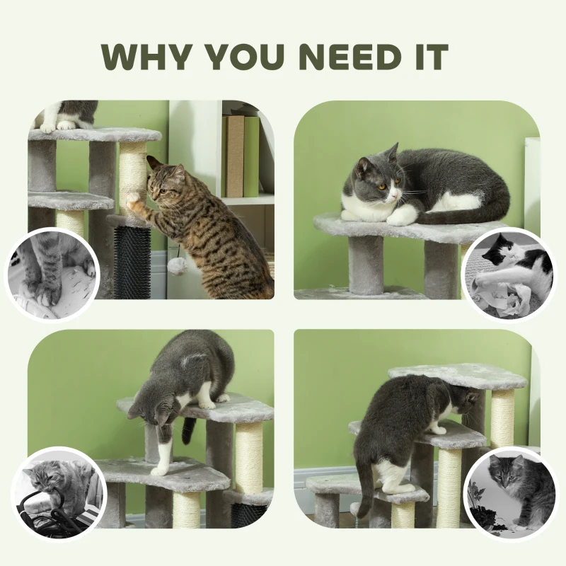 PawHut 2 in 1 Cat Tree Tower 3-Step Pet Stairs with Scratching Posts, Tickling Post, Toy Balls, for High Beds, Couch