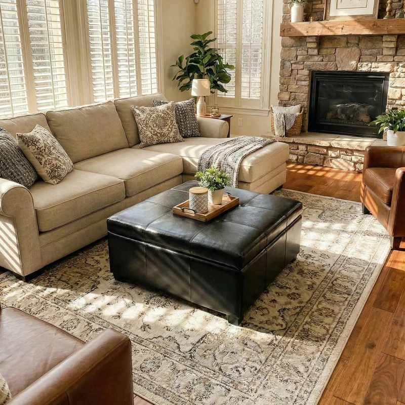 Large Square Ottoman with Upholstered PU Leather and High‑Density Foam, Modern Coffee Table with Storage, 34'' L x 34'' W x 18.5'' H, Black