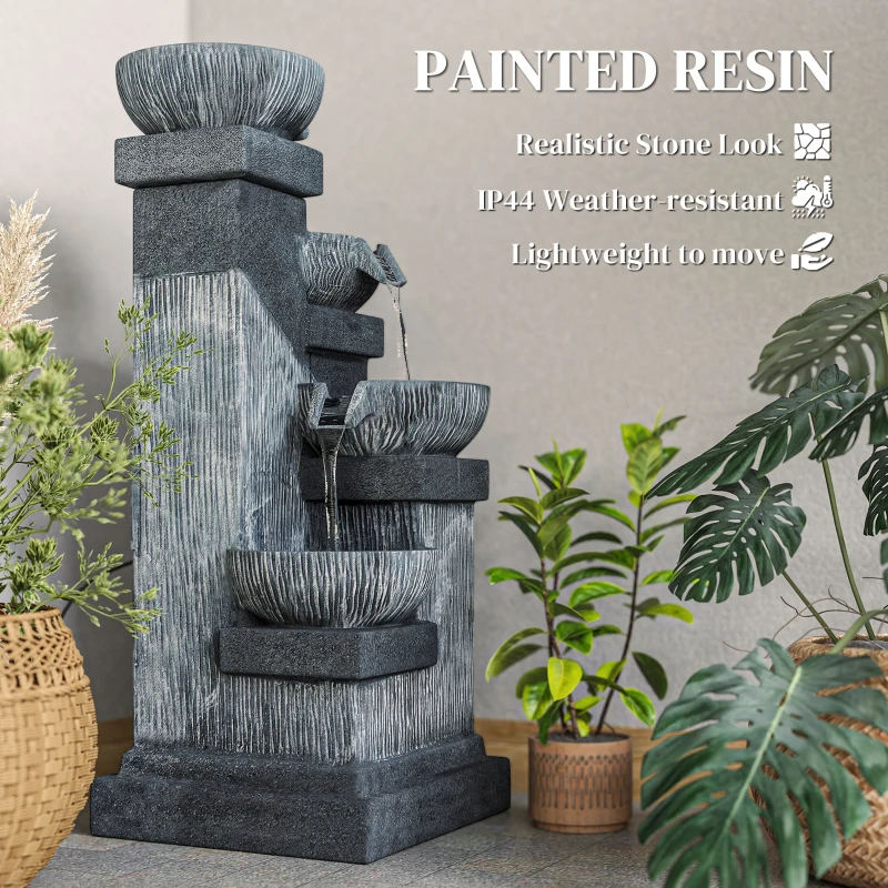 Outsunny 33.5" Water Fountain, 4-Tier Resin Cascading Bowls Outdoor Waterfall Fountain with LED Lights, Pump