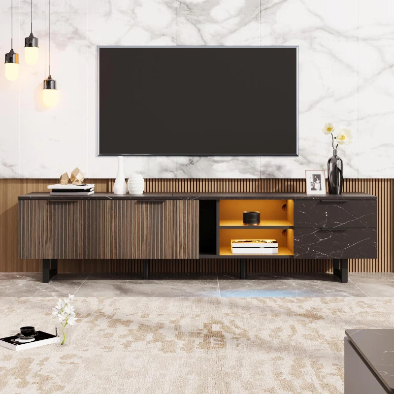 Modern TV Cabinet with 2 Doors, Drawers and Open Shelves, Stylish Storage Cabinet with LED Lighting, 78.5'' L x 20'' W x 15'' H, Black+Wood