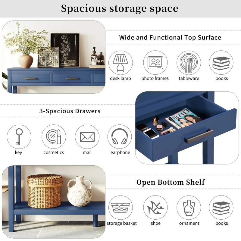 Farmhouse Entryway Table with Wide Top and Open Bottom Shelf, Minimalist Console with Adjustable Feet, 59'' L x 14'' W x 31.5'' H, Navy Blue