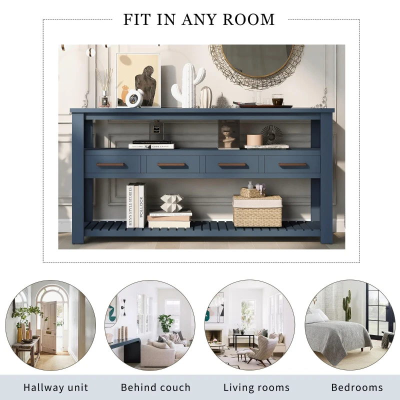 Large Entryway Console with 4 Drawers and 3-Tier Open Shelves, Versatile Table with Adjustable Feet, 62'' L x 14'' W x 32'' H, Navy Blue