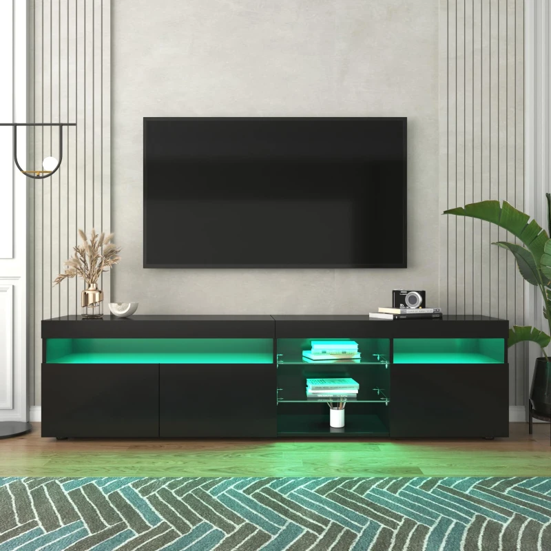 Modern TV Cabinet with LED Strip and Adjustable Colours, Stylish Media Console with Low-Profile Storage, 71'' L x 13.5'' W x 19'' H, Black