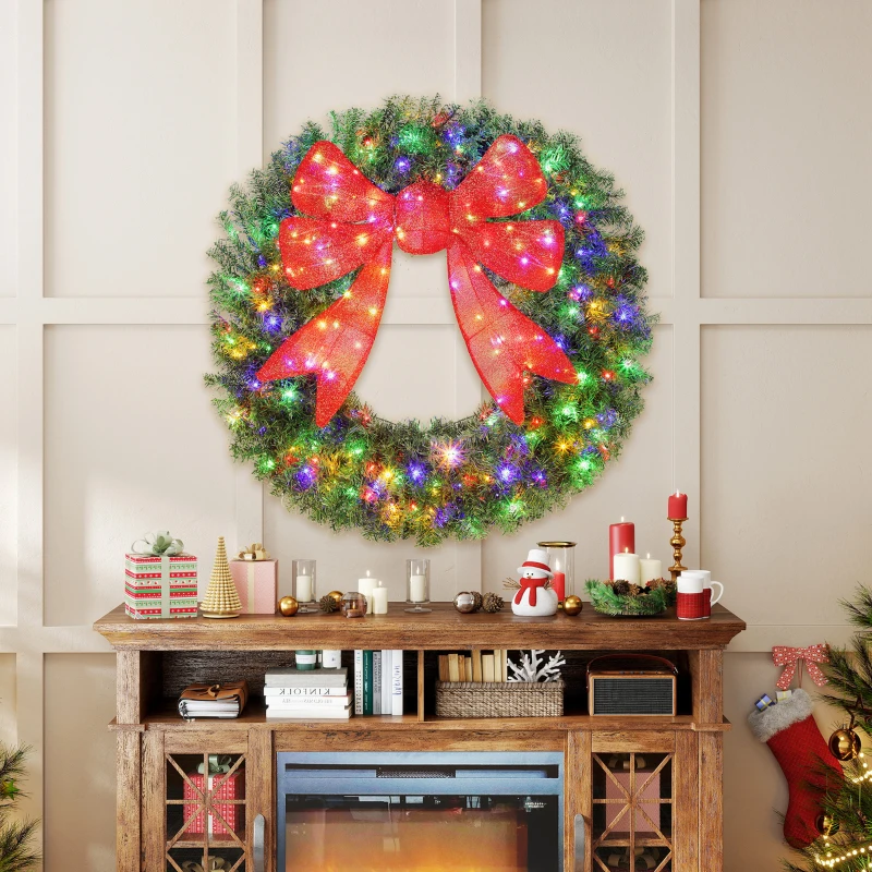 HOMCOM 48in Pre-Lit Christmas Wreath with 3D Red Bow, 11 Lighting Modes, Front Door Christmas Wreath with Remote