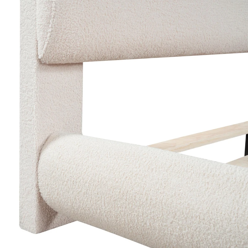 Full Size Upholstered Bed with Curved Headboard and Footboard, Sturdy Bedboard with Plywood & MDF Frame, 80.5'' L x 60'' W x 37'' H, Beige