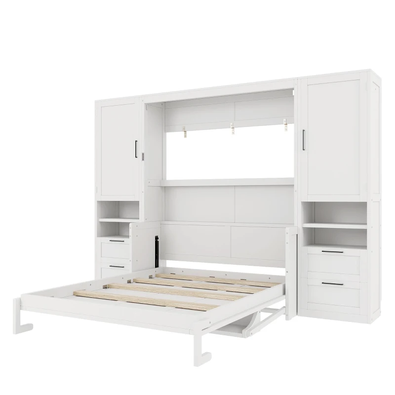 Queen Size Murphy Wall Bed with Built‑in Wardrobes, Drawers, Space‑Saving Bed with Integrated Storage, 113.5'' L x 16.5'' W x 87'' H, White