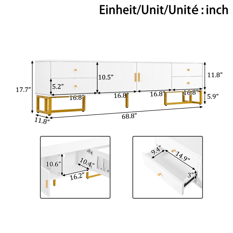 Modern TV Cabinet with Textured Doors, 4 Drawers & 2 Cabinets, Solid TV Stand with Metal Handles and Legs, 69'' L x 12'' W x 17.5'' H, White