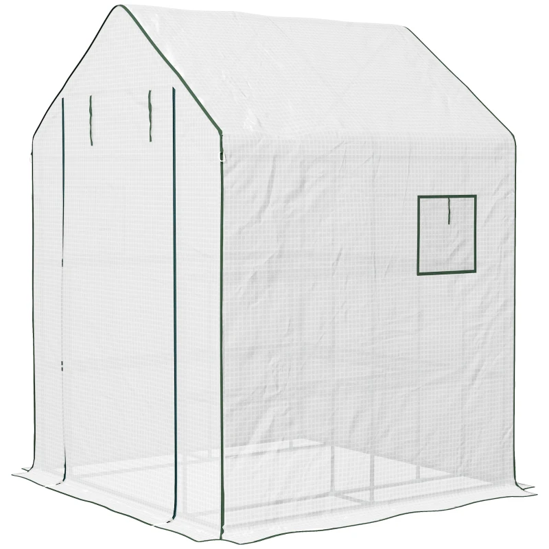 Outsunny Portable Greenhouse, Walk-In Small Outdoor Green House with 2 Tier U-Shaped Flower Rack Shelves, 4.6' x 4.7', White