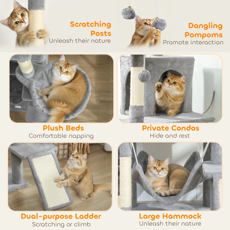 PawHut 76" Large Cat Tree for Indoor Cats with 8 Scratching Posts, 3 Plush Beds, 2 Hammocks, 2 Large Condos, Ramp, Light Grey