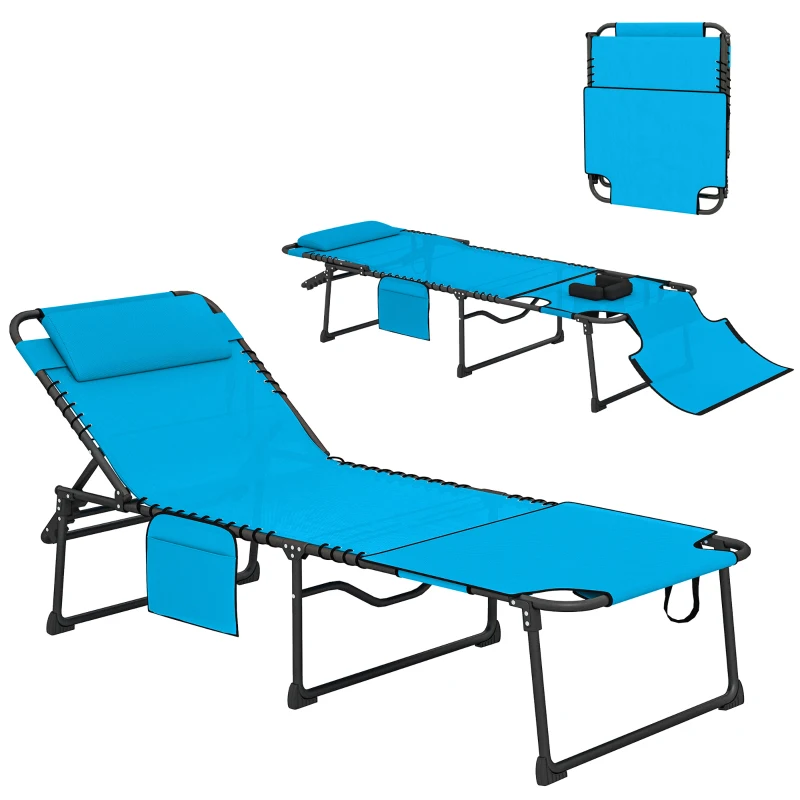 Outsunny Folding Chaise Tanning Lounge Chair w/ 5-level Reclining Back, Reading Hole, Side Pocket, Headrest, Blue