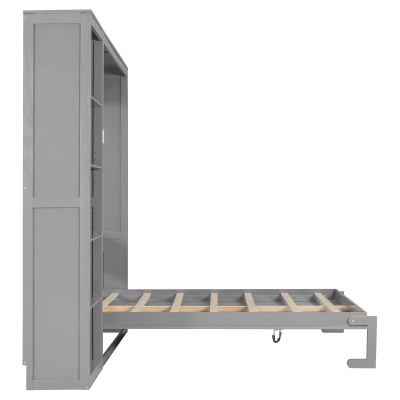 Queen Size Murphy Wall Bed with Dual Piston Mechanism and Shelves, Fold-Away Bed with Flexible Slat, 94'' L x 82'' W x 88.5'' H, Gray