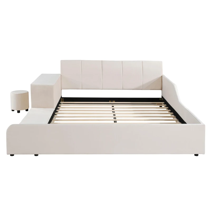 Queen Size Upholstered Bed with Built-In Bedside Desk and Round Stool, Solid Bedboard with Sturdy MDF Frame, 85'' L x 73'' W x 29'' H, Beige