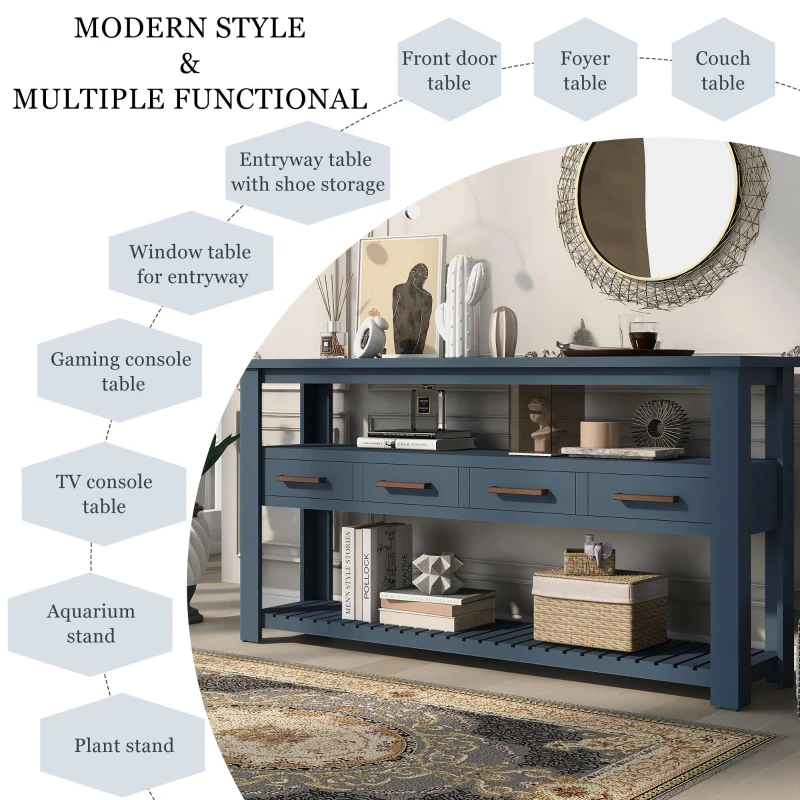 Large Entryway Console with 4 Drawers and 3-Tier Open Shelves, Versatile Table with Adjustable Feet, 62'' L x 14'' W x 32'' H, Navy Blue