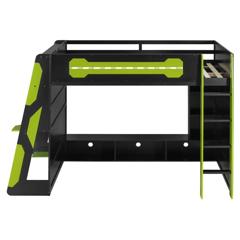 Full Size Wood Loft Bed with Under-Bed Console Storage, Esports-Style Bed Frame with Integrated Work Desk, 93.5'' L x 55.5'' W x 65'' H, Green