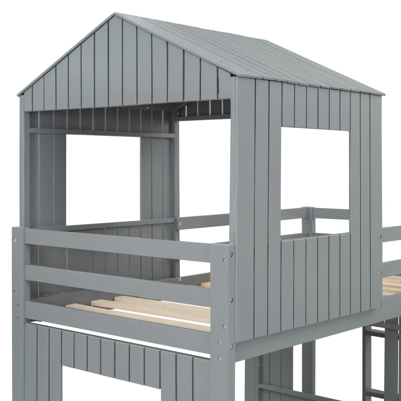 Wooden Twin-Over-Full Bunk Bed with Integrated 3-Step Ladder and Guardrails, Playhouse Loft Bed with Slide, 82'' L x 89'' W x 82.5'' H, Gray