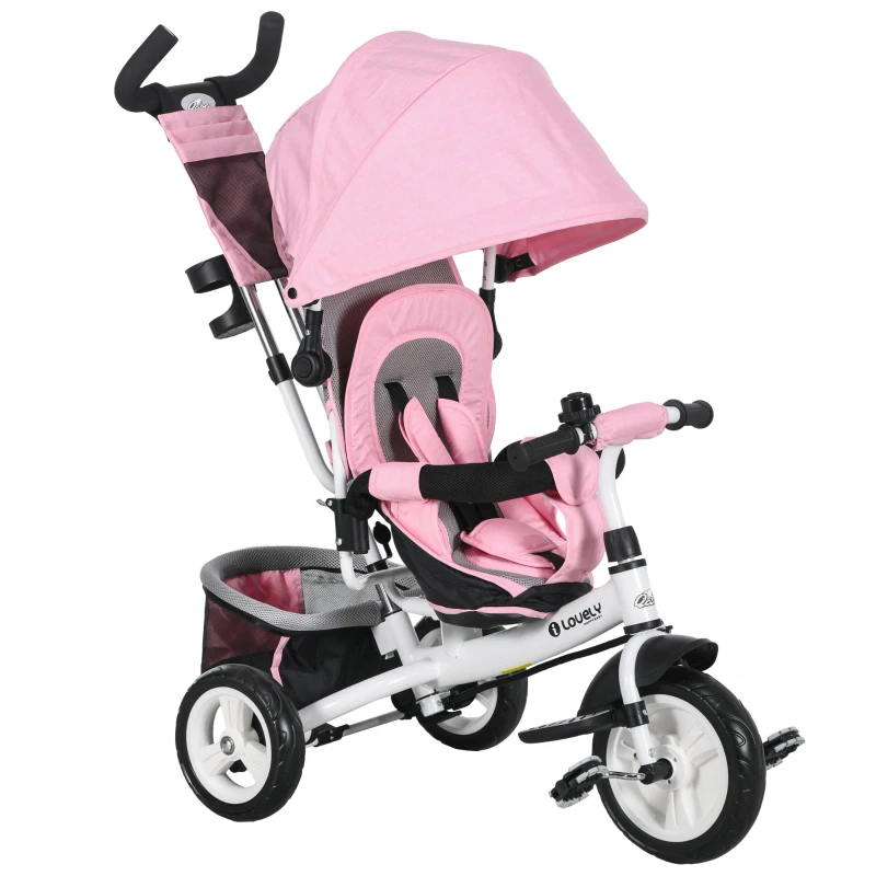 Qaba 6 in 1 Tricycle for Toddler 1-5 Years with Parent-Push Handle, Pink