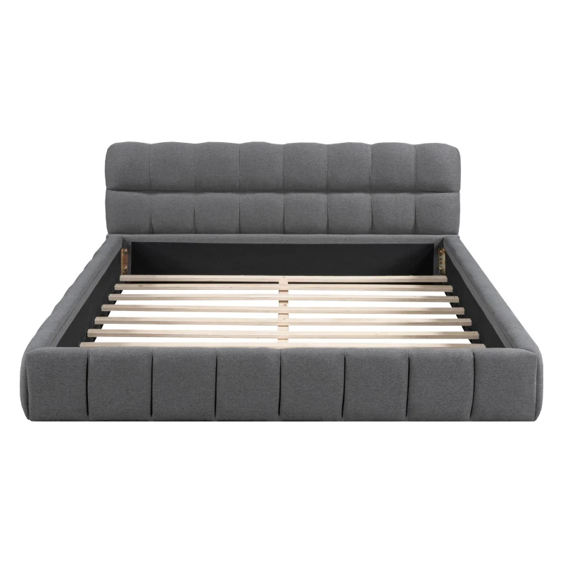 Queen Size Upholstered Bed with Grounded Solid Plywood & MDF Frame, Sturdy Bedboard with Wooden Slats, 87.5'' L x 66.5'' W x 23.5'' H, Gray