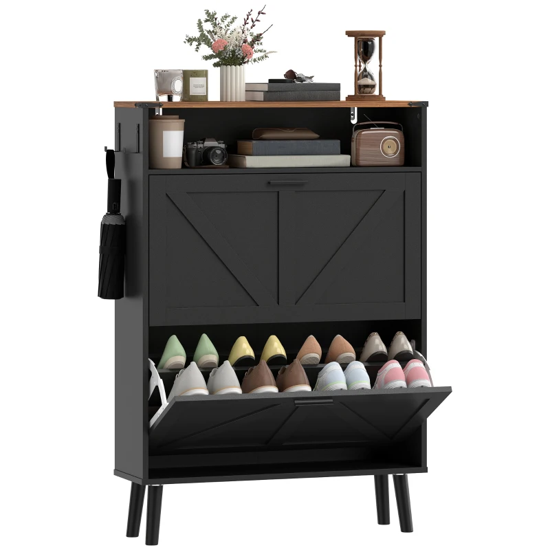 HOMCOM Shoe Storage Cabinet with 2 Flip Drawers, Farmhouse Narrow Shoe Cabinet, Holds Up to 16 Pairs, Black
