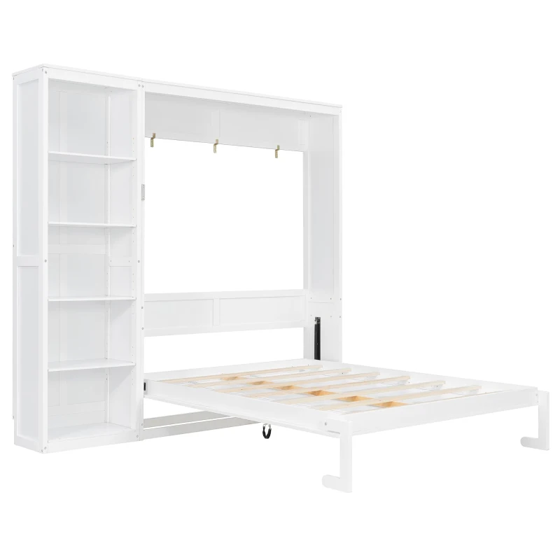 Queen Size Murphy Wall Bed with Reversible Shelf and Flexible Slat, Fold-Away Cabinet with 5-Tier Storage, 94'' L x 82'' W x 88.5'' H, White