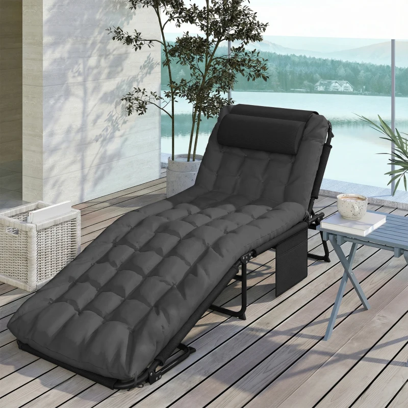 Outsunny Folding Lounge Chair with 4-level Reclining Back & Cushion, Dark Grey