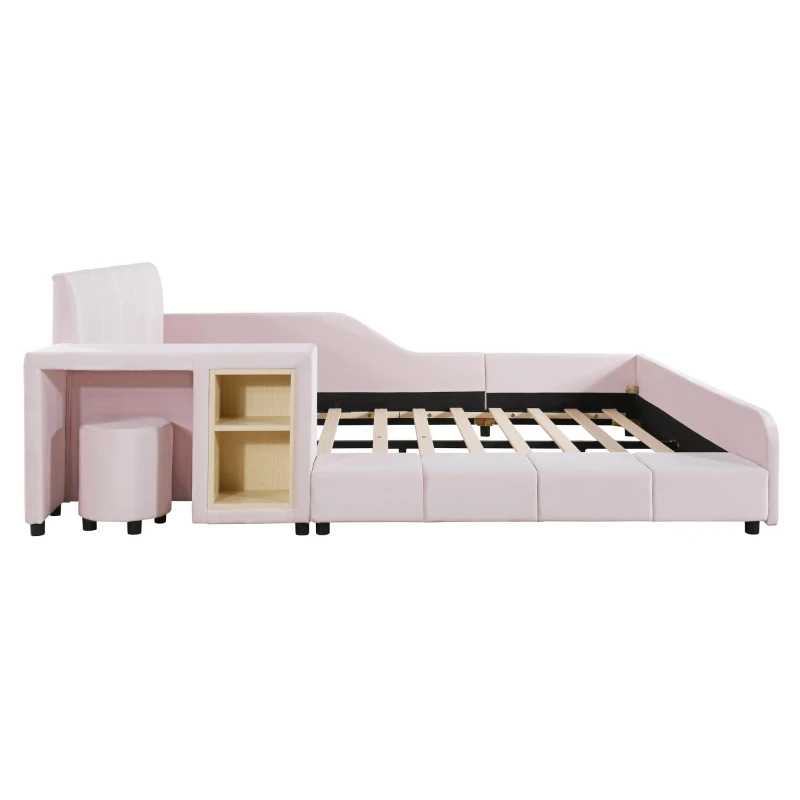 Full Size Upholstered Bed with Built-in Bedside Desk and Round Stool, Solid Bedboard with Plywood & MDF Frame, 80'' L x 68'' W x 29'' H, Pink