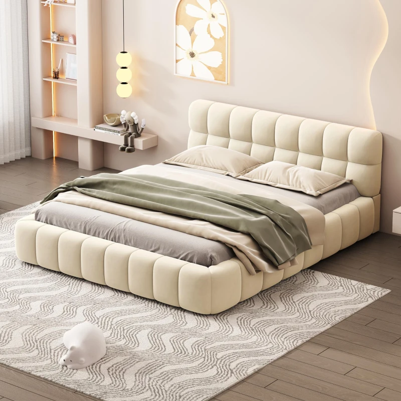 Queen Size Upholstered Bed with MDF & Particleboard Frame, Low-Profile Grounded Bed with Wooden Slats, 87.5'' L x 66.5'' W x 23.5'' H, Beige