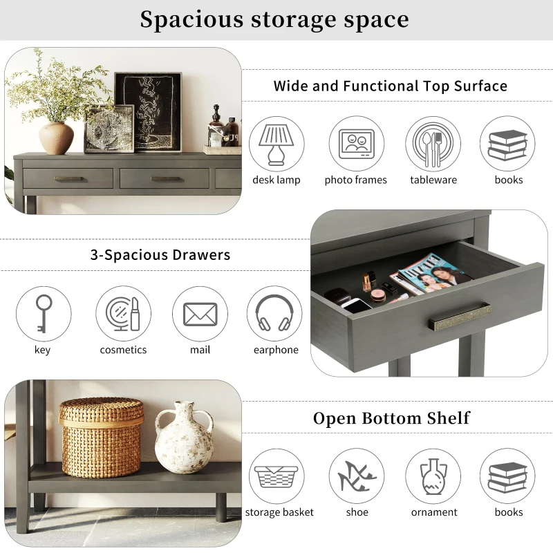 Farmhouse Entryway Table with Wide Top and Open Bottom Shelf, Minimalist Console with Adjustable Feet, 59'' L x 14'' W x 31.5'' H, Gray
