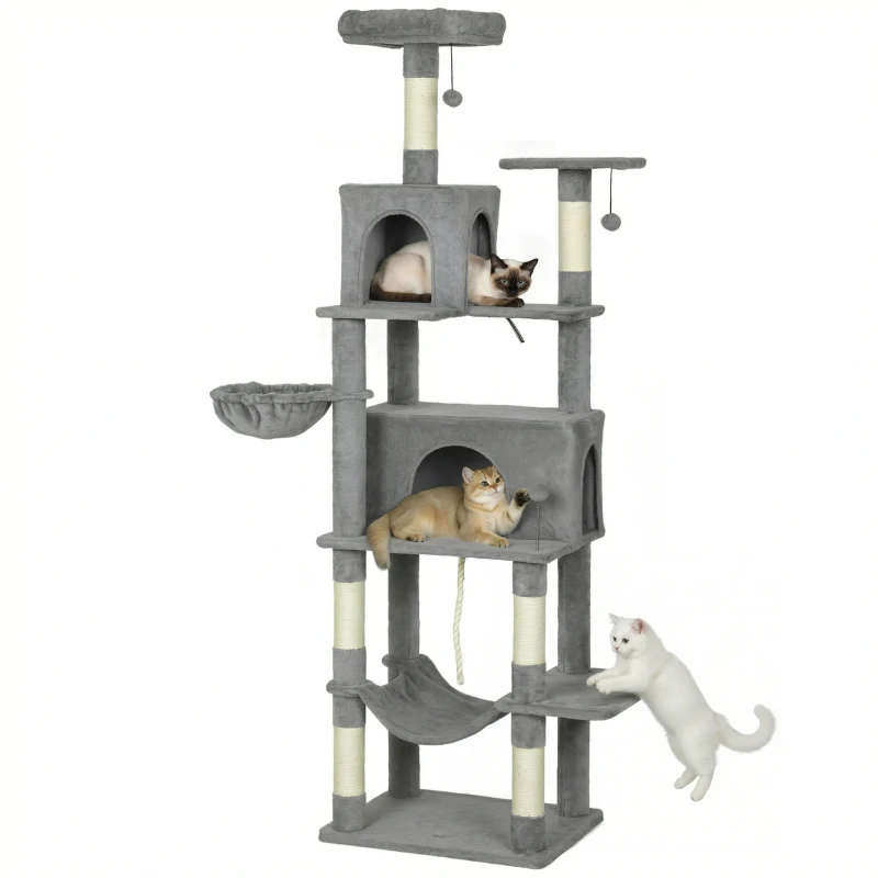PawHut Multi-Level Cat Tower, 80" Tall Cat Tree, with 2 Condos, 2 Hammocks, 6 Sisal Scratching Posts, Dark Gray