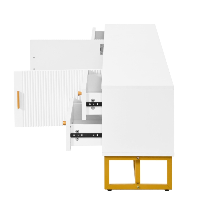 Modern TV Cabinet with Textured Doors, 4 Drawers & 2 Cabinets, Solid TV Stand with Metal Handles and Legs, 69'' L x 12'' W x 17.5'' H, White