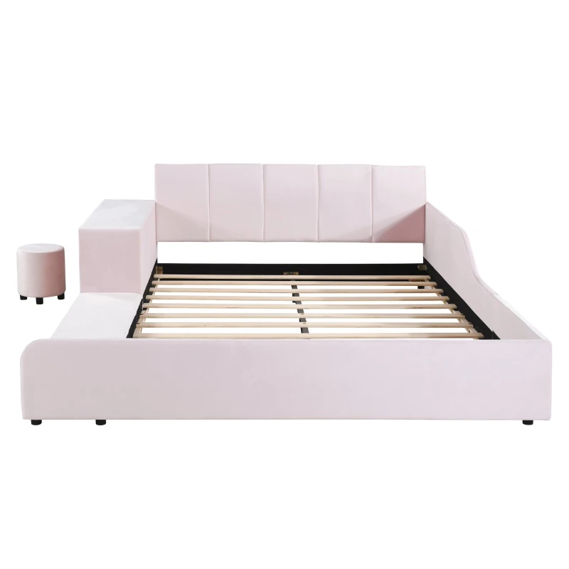 Queen Size Upholstered Platform Bed with Bedside Desk and Round Stool, Low-Profile Bed with Safety Rails, 85'' L x 73'' W x 29'' H, Pink