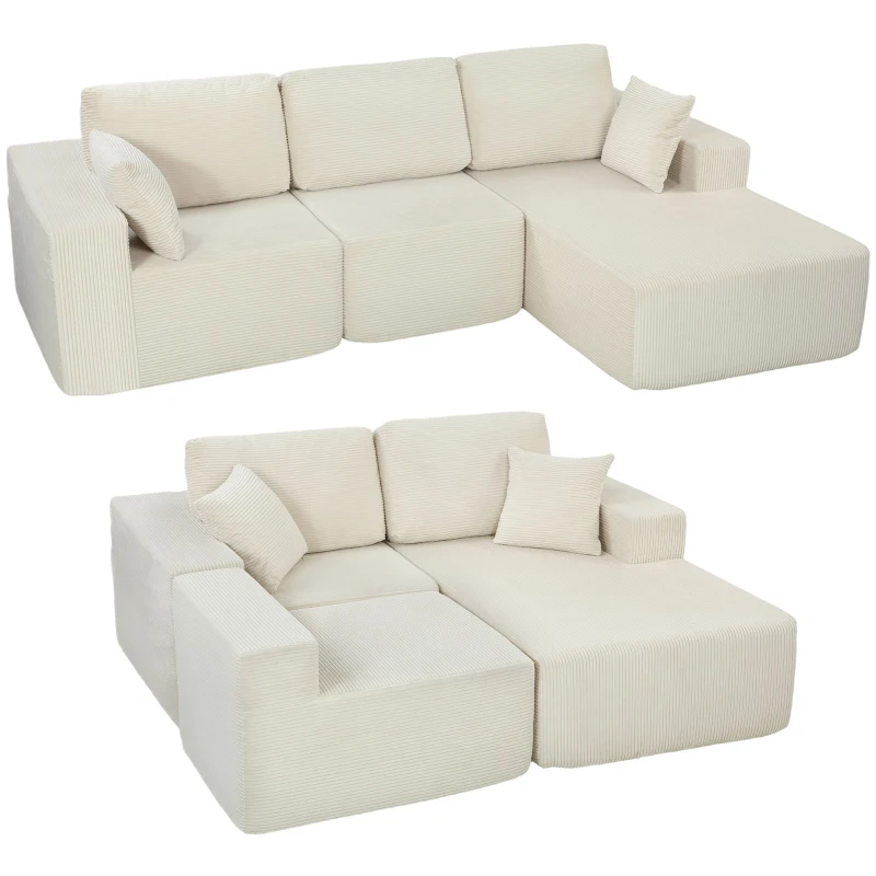 HOMCOM 2-in-1 Modular Sectional Sofa, Boneless L Shaped Couch Sofa Bed, Cream White