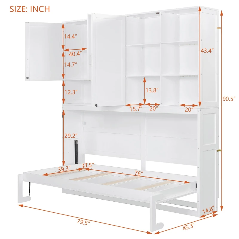 Twin Size Wall Murphy Bed with Built-in Light and Dual-Piston Lift, Space-Saving Foldable Bed with Top Cabinet, 83'' L x 15.5'' W x 90.5'' H, White