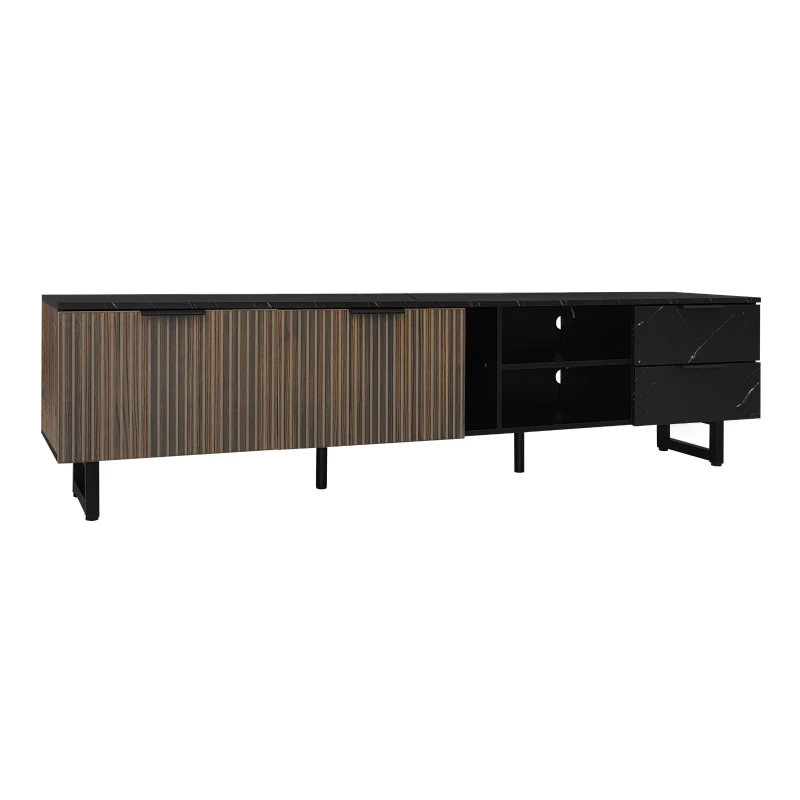 Modern TV Cabinet with 2 Doors, Drawers and Open Shelves, Stylish Storage Cabinet with LED Lighting, 78.5'' L x 20'' W x 15'' H, Black+Wood