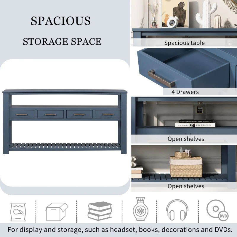 Large Entryway Console with 4 Drawers and 3-Tier Open Shelves, Versatile Table with Adjustable Feet, 62'' L x 14'' W x 32'' H, Navy Blue