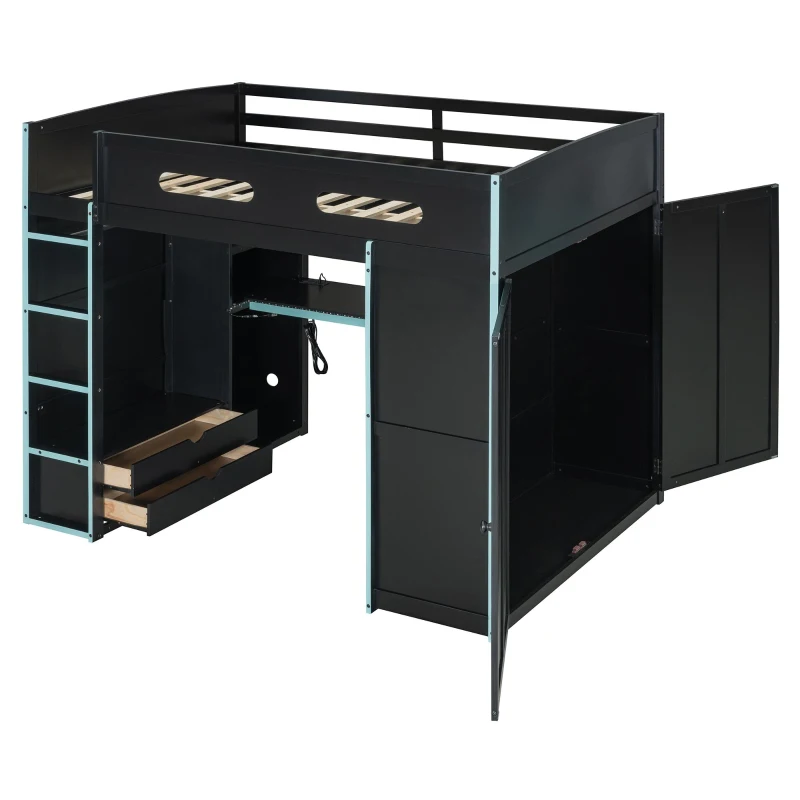 Full Size Wood Loft Bed with USB Port and Ample Storage, Gamer-Inspired Bed Frame with Built-In Desk, 78.5'' L x 56.5'' W x 65'' H, Blue