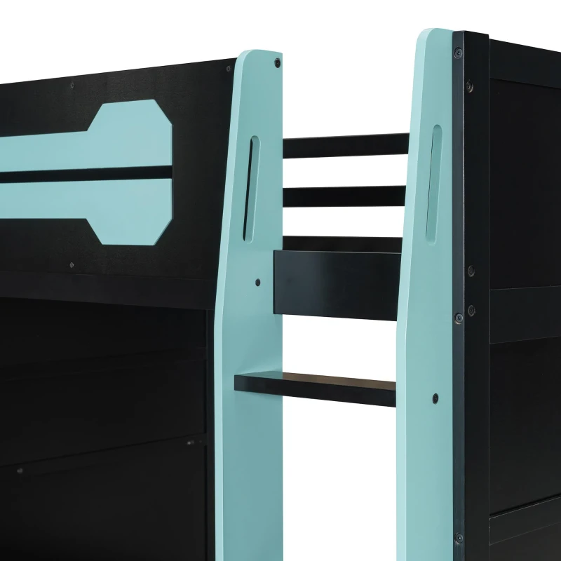 Full Size Wood Loft Bed with Integrated Desk and RGB Lighting, Esports-Style Bed with Multi-Tier Shelves, 93.5'' L x 55.5'' W x 65'' H, Blue
