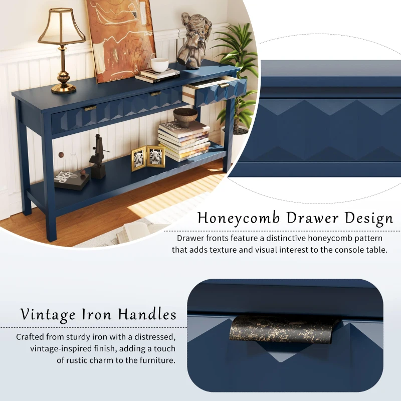 Modern Entryway Table with Bottom Shelf and Iron Handles, Multi-Functional Console with Wide Surface, 60'' L x 15.5'' W x 31'' H, Navy Blue