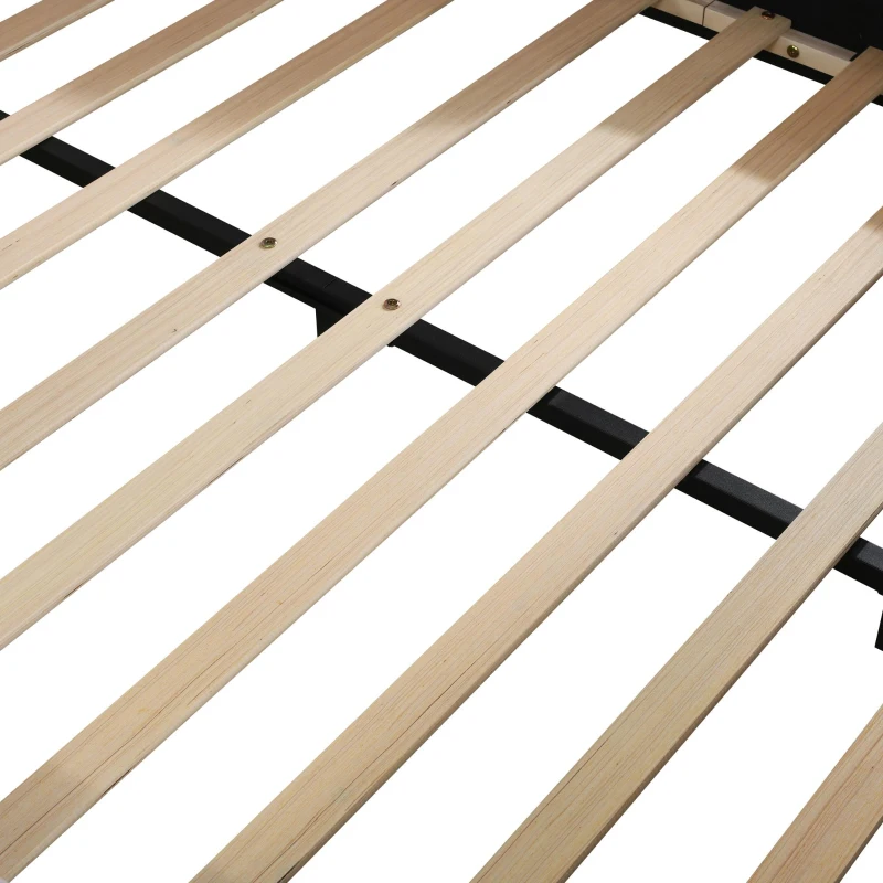 Full Size Upholstered Bed with Built-in Bedside Desk and Round Stool, Solid Bedboard with Plywood & MDF Frame, 80'' L x 68'' W x 29'' H, Pink