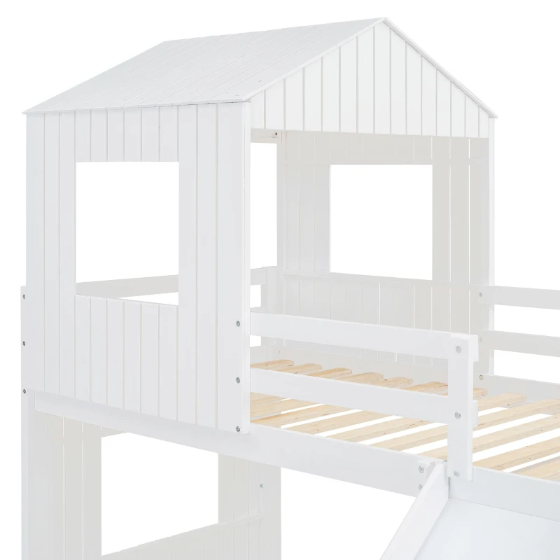 Twin-Over-Full Playhouse Bunk Bed Loft with Slide and 3-Step Ladder, Farmhouse Bed Frame with Guardrails, 82'' L x 89'' W x 82.5'' H, White