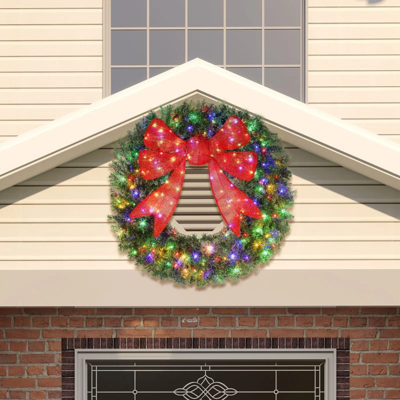 HOMCOM 48in Pre-Lit Christmas Wreath with 3D Red Bow, 11 Lighting Modes, Front Door Christmas Wreath with Remote